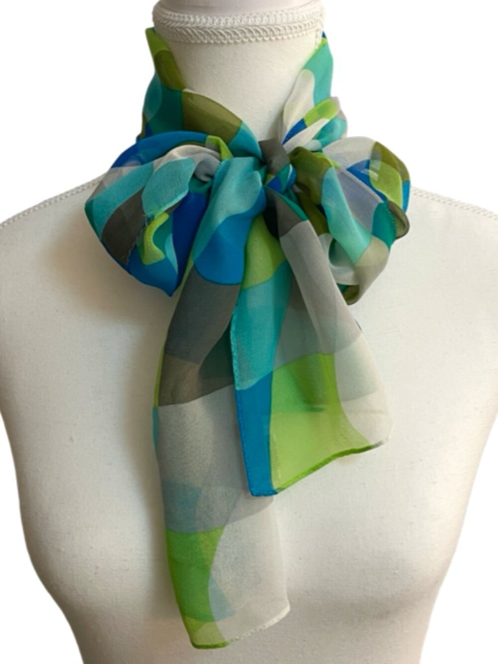 Echo 100% Silk Abstract Geometric Oblong Scarf Blue Green Gray 10" x 52"